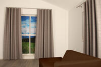 Deze semi-verduisterende gordijnstof heeft een ingeperst grafisch dessin op een gemêleerd gronddoek