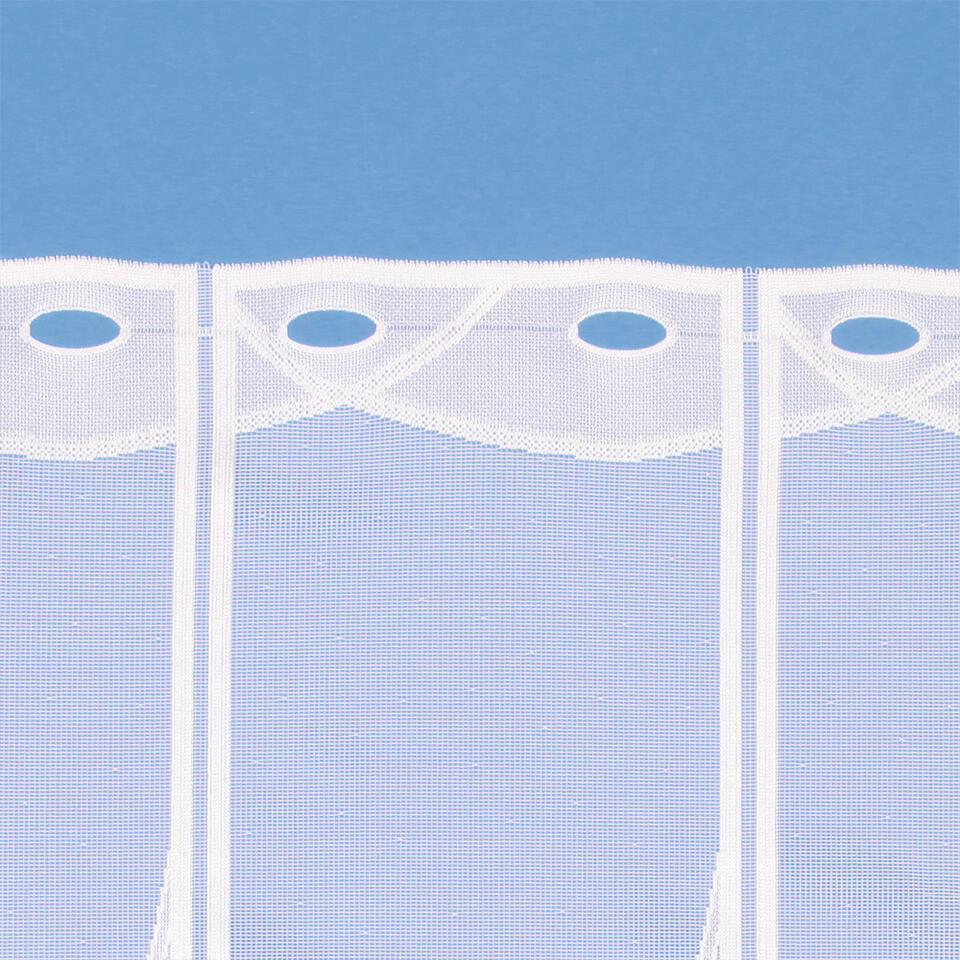 Deze witte val is geweven in een steviger materiaal met een ingeweven patroon van cirkels en lijnen